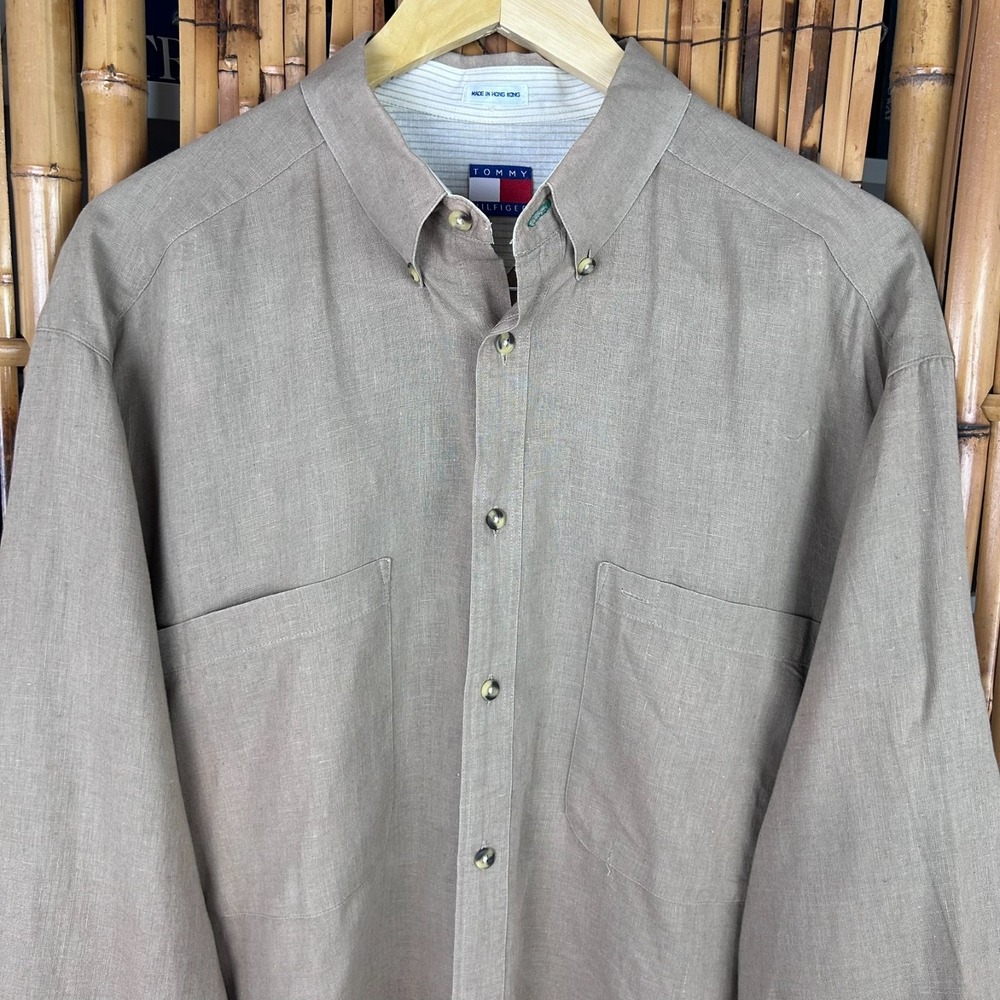 Tommy Hilfiger Men's Button Down Linen Safari Long Sleeve Shirt Khaki Size Large - Picture 3 of 16